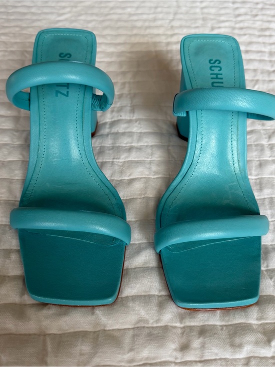 SCHUTZ Shoes - Schutz Ully Turquoise Block Double-Strap Square-Toe Heeled Sandals 7.5